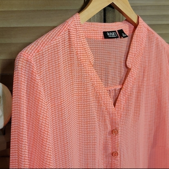 A.N.A Petite Medium PM Sheer Blouse Coral White Hearts Henley Roll Tab Sleeve - Picture 4 of 8